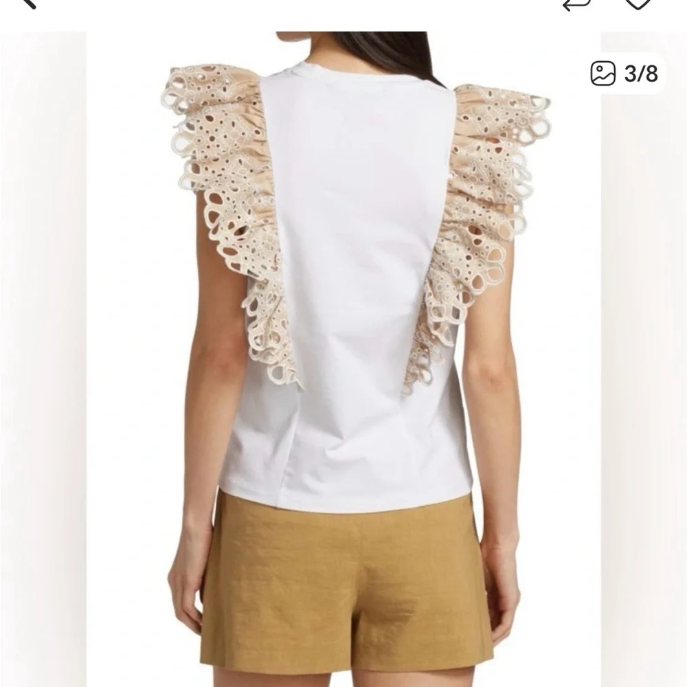 Veronica Beard White and Tan Lace Ruffle Blouse - Picture 3 of 10